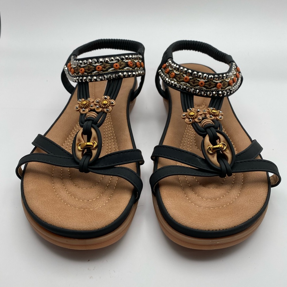 Littleplum Boho Beaded Embellished Thong Sandals Black & Tan Size 43 US 11
